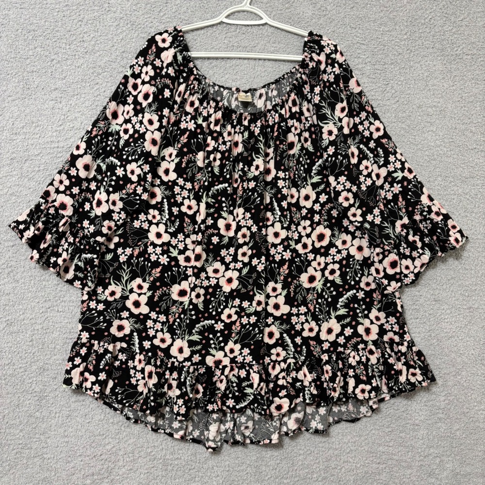 Romantic Floral Boho Peasant Blouse Ruffle Hem Flowy Top 3X Bell Sleeve